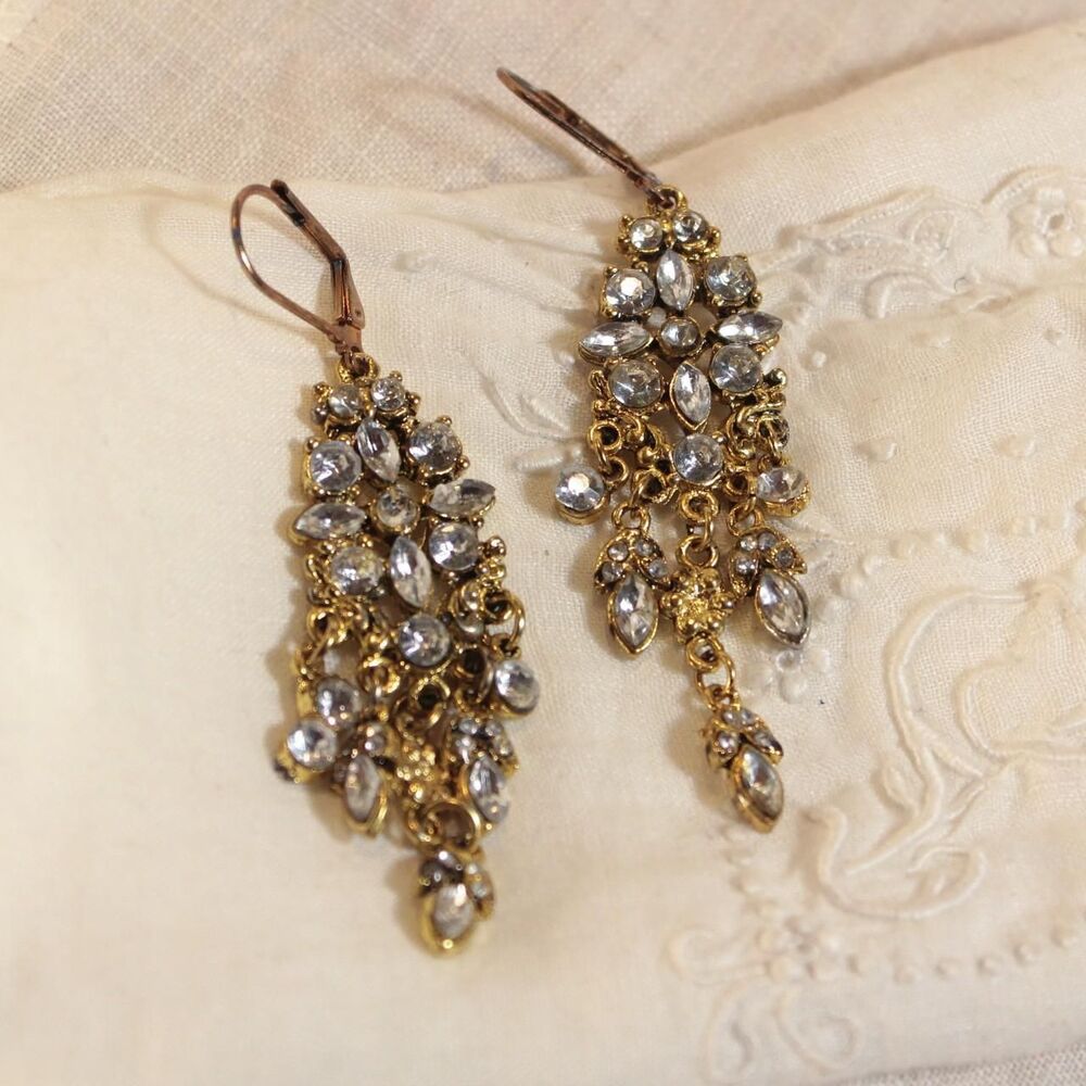 Vintage Style Gold Rhinestone Chandelier Earrings Dangle Crystal